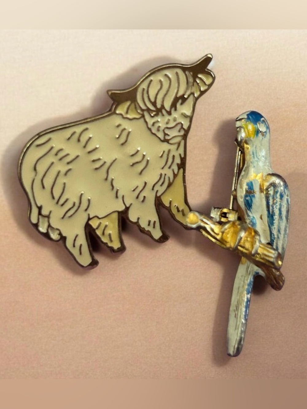 Cream Highland Cow and Blue Parrot Enamel Pin Duo